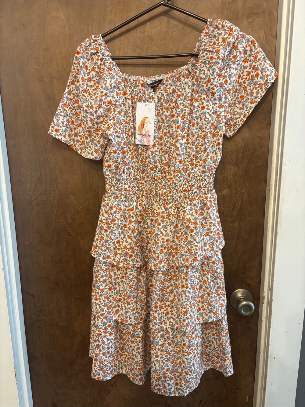 Smocked Floral Tiered Midi Dress in Orange and White